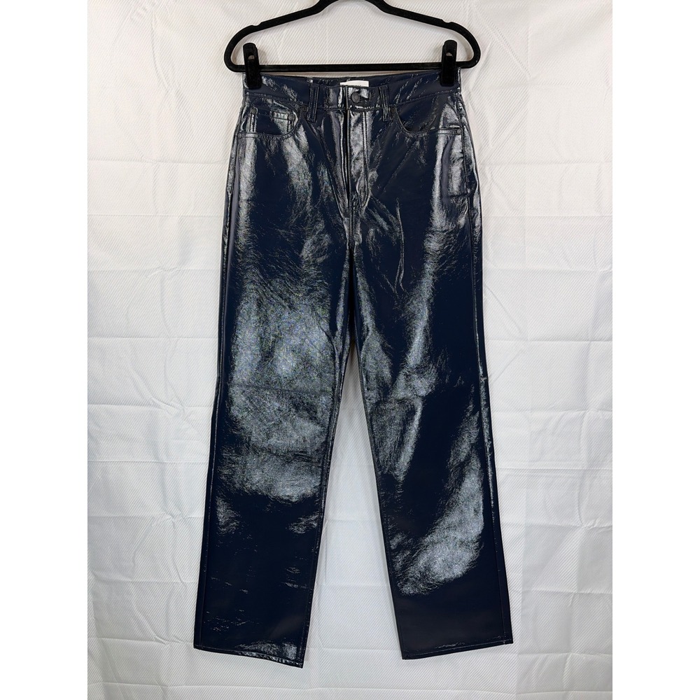 Pistola Navy Blue High Rise Straight Leg Pants Glossy Coated Trousers Size 29